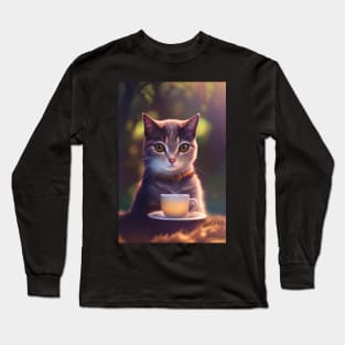 Tabby cat with a cup mug of morning coffee Long Sleeve T-Shirt